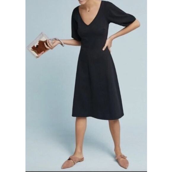 Velvet Graham & Spencer Anthropologie Puff Sleeve V Neck Black Dress Size Medium - Picture 1 of 8